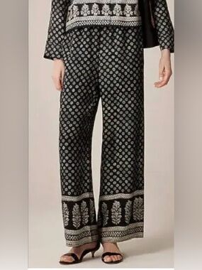 J. Crew Cropped Stratus Silky Black Wide-Leg Pants with White Print